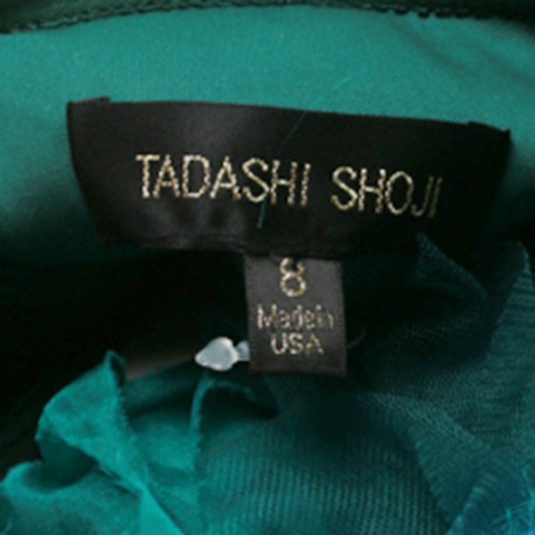 Pre Owned Tadashi Shoji Green Tulle Embroidered Faux Feather Strapless Gown M