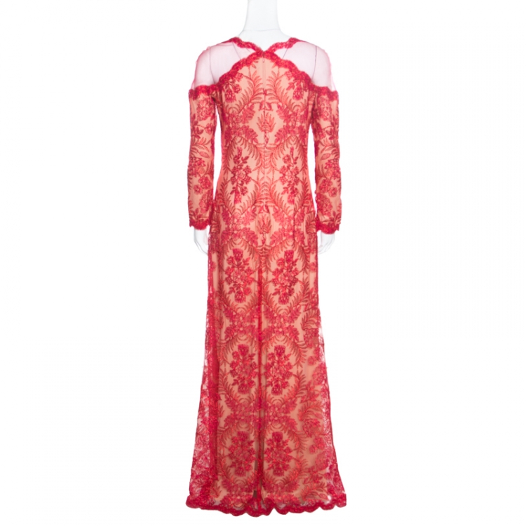 Pre Owned Tadashi Shoji Red Metallic Cord Embroidered Detail Tulle Evening Gown M