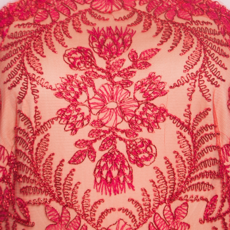 Pre Owned Tadashi Shoji Red Metallic Cord Embroidered Detail Tulle Evening Gown M