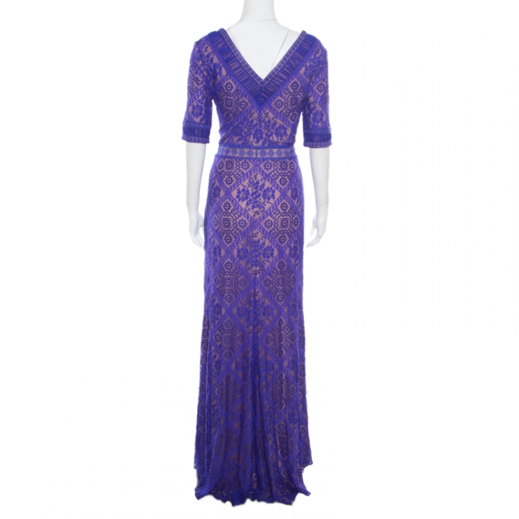 Pre Owned Tadashi Shoji Wisteria Collaged Floral Lace Plunge Neck Landry Evening Gown L