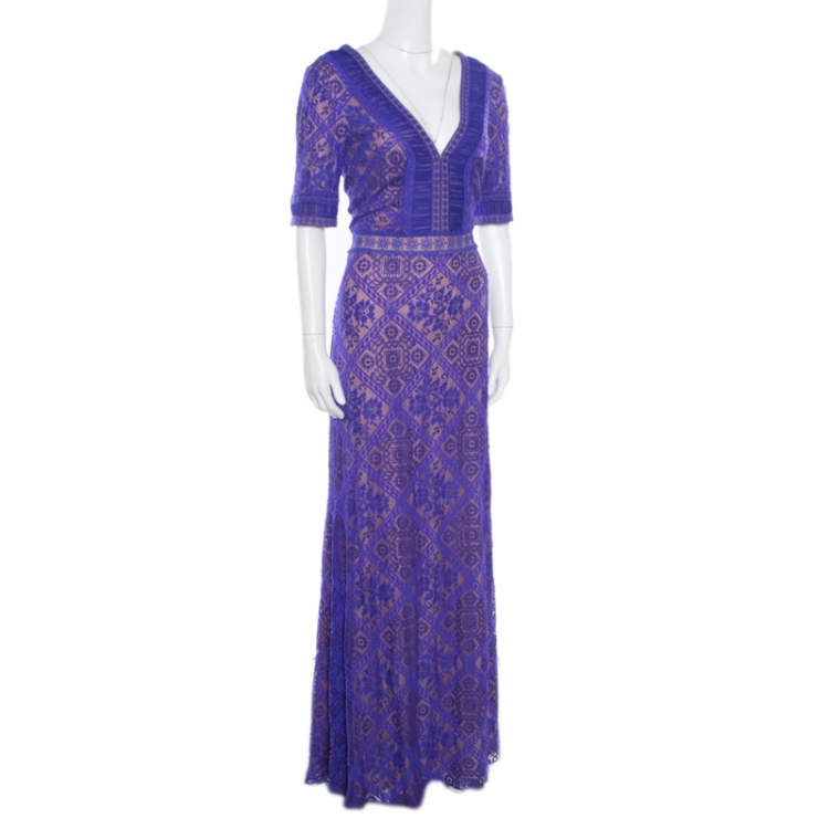 Pre Owned Tadashi Shoji Wisteria Collaged Floral Lace Plunge Neck Landry Evening Gown L