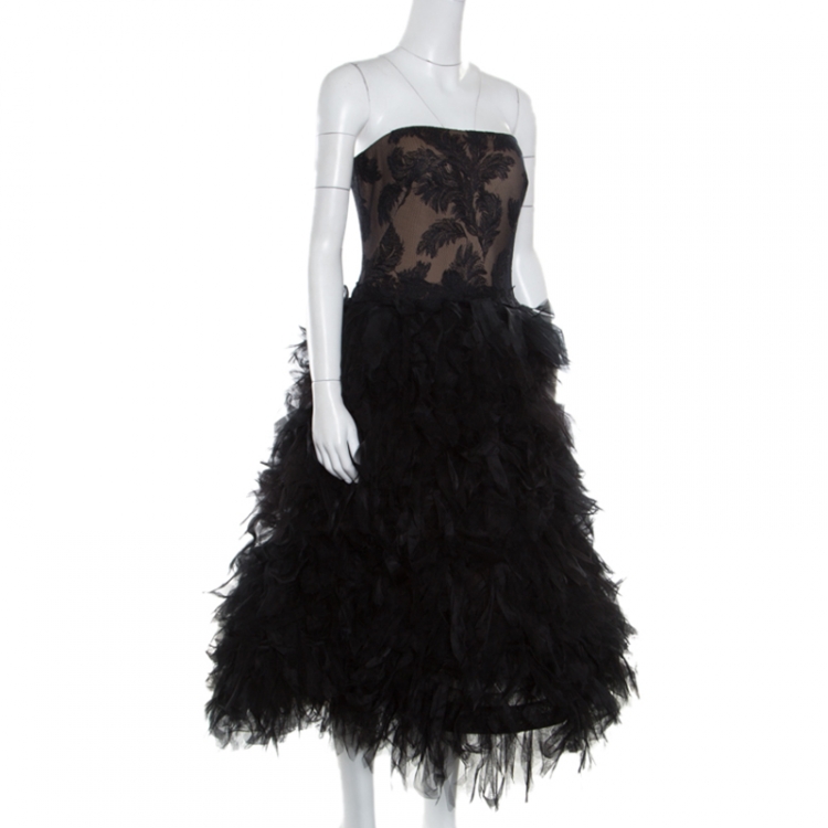 مملوكة مسبقًا Tadashi Shoji Black Tulle Embroidered Faux Feather Strapless Dress M