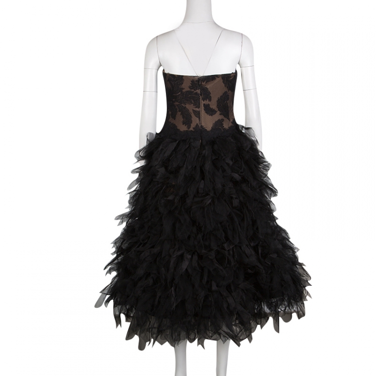 مملوكة مسبقًا Tadashi Shoji Black Tulle Embroidered Faux Feather Strapless Dress M
