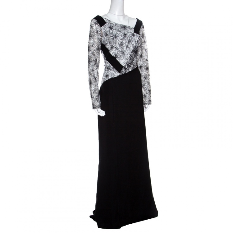 Pre Owned Tadashi Shoji Monochrome Floral Embroidered Marissa Gown L