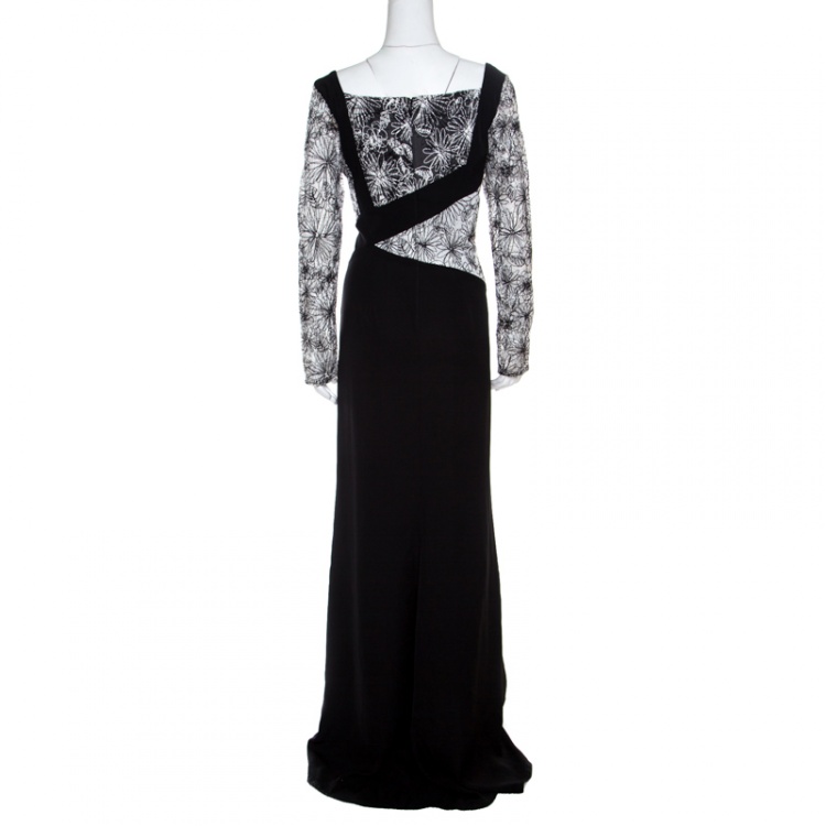 Pre Owned Tadashi Shoji Monochrome Floral Embroidered Marissa Gown L