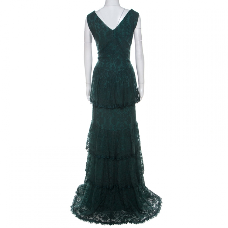 Pre Owned Tadashi Shoji Forest Green Tiered Lace Overlay Sleeveless Marquis Gown XL