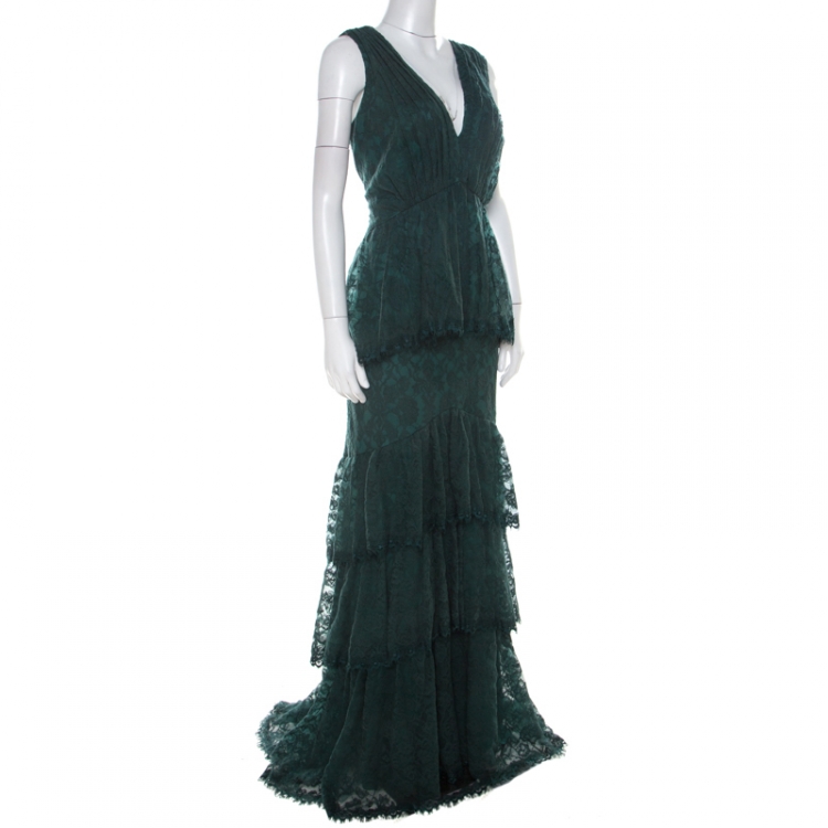 Pre Owned Tadashi Shoji Forest Green Tiered Lace Overlay Sleeveless Marquis Gown XL