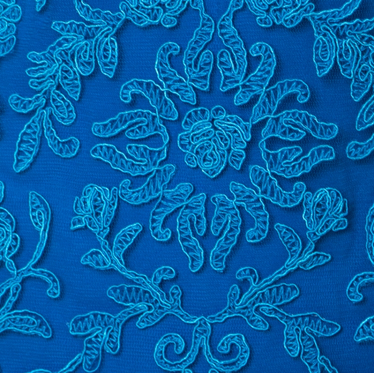 Pre Owned Tadashi Shoji Cerulean Blue Corded Embroidered Tulle Tiered Moreau Gown L