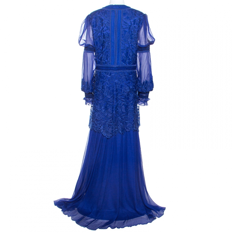 Pre Owned Tadashi Shoji Blue Lace and Chiffon Long Sleeve Gown XL