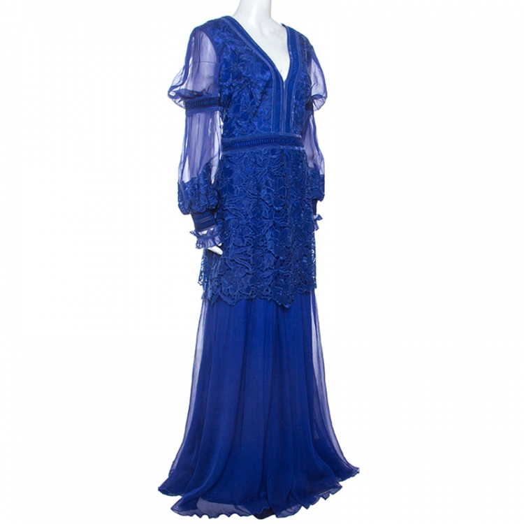 Pre Owned Tadashi Shoji Blue Lace and Chiffon Long Sleeve Gown XL
