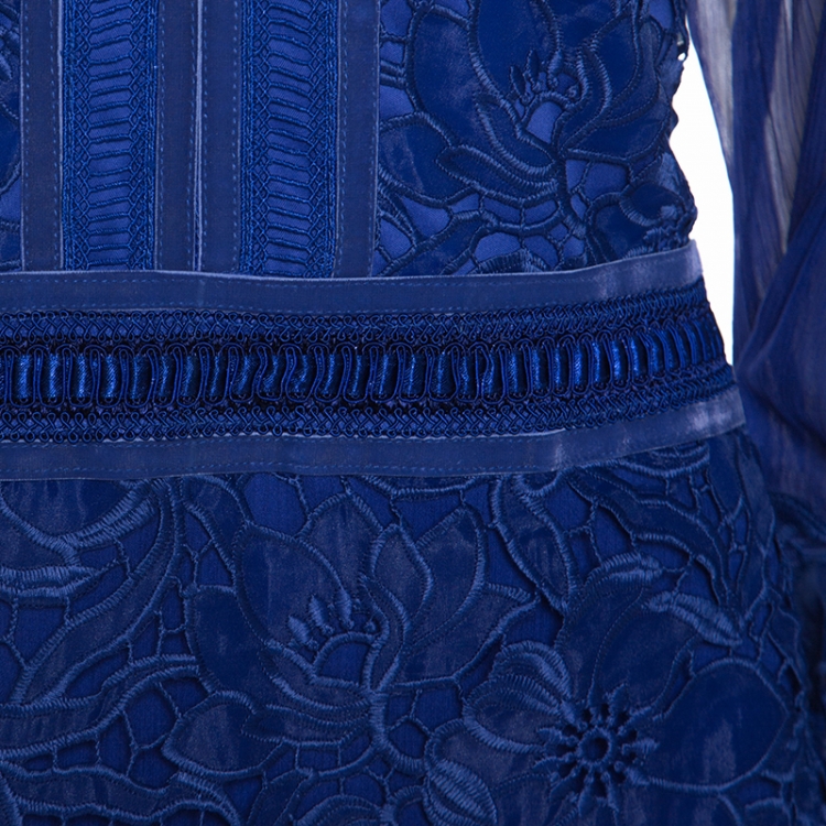 Pre Owned Tadashi Shoji Blue Lace and Chiffon Long Sleeve Gown XL