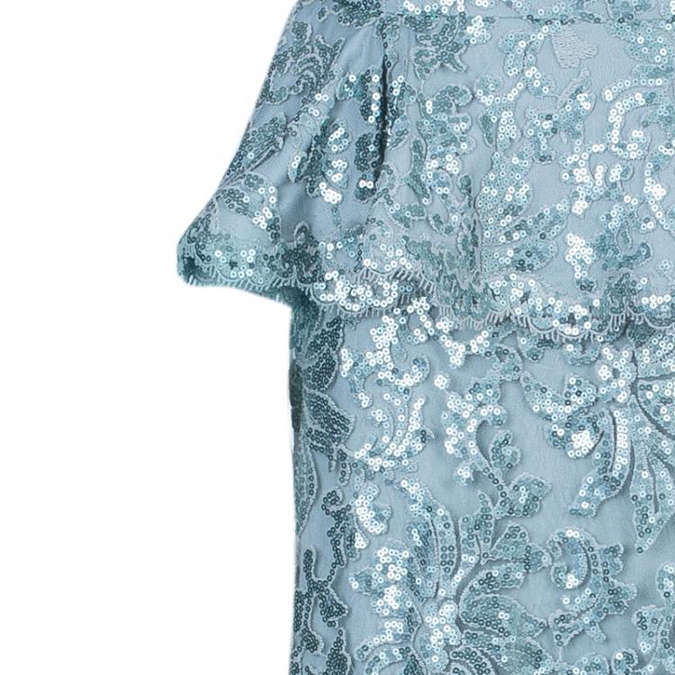 Pre Owned Tadashi Shoji Ice Sequin Embellished Peplum Gown M