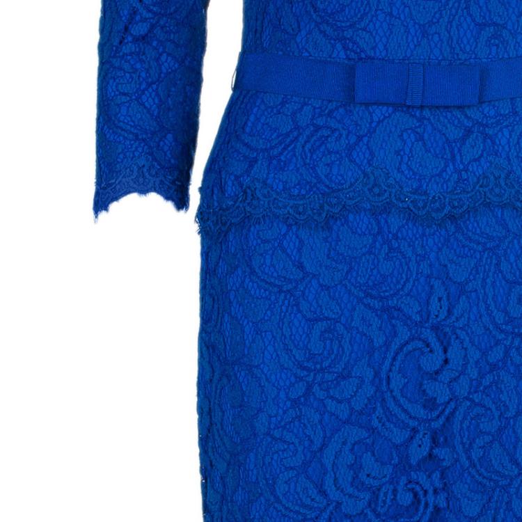 Pre Owned Tadashi Shoji Royal Blue Lace Dress S