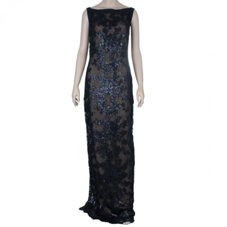 Pre Owned Tadashi Shoji Black Lace Fitted Gown L