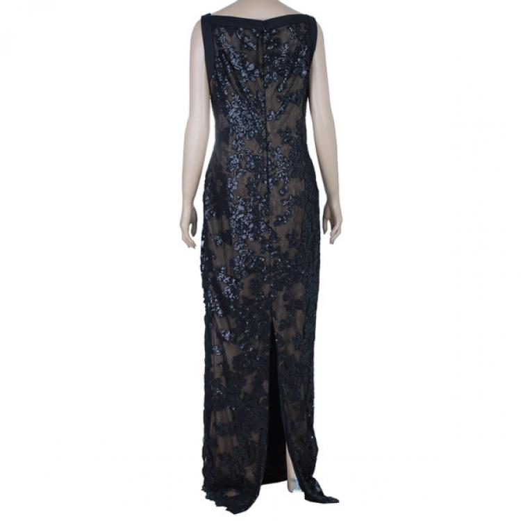 Pre Owned Tadashi Shoji Black Lace Fitted Gown L