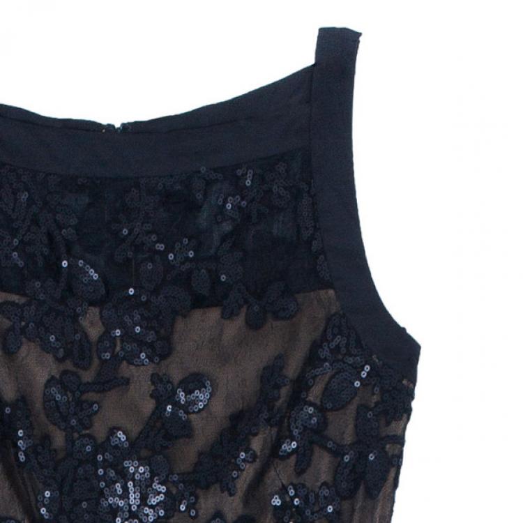 Pre Owned Tadashi Shoji Black Lace Fitted Gown L