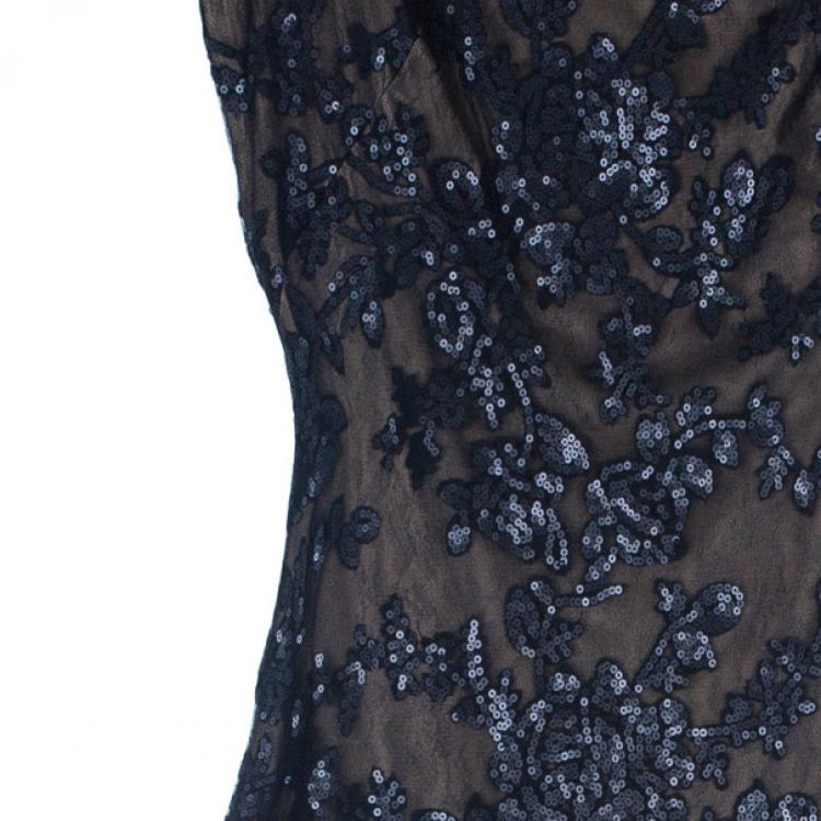 Pre Owned Tadashi Shoji Black Lace Fitted Gown L