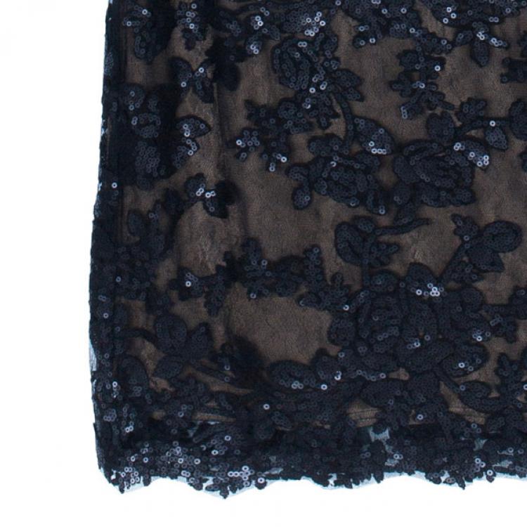 Pre Owned Tadashi Shoji Black Lace Fitted Gown L