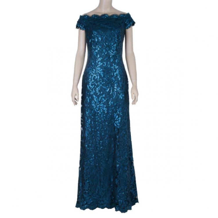 Pre Owned Tadashi Shoji Teal Sequin Gown M