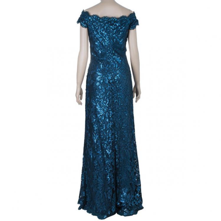Pre Owned Tadashi Shoji Teal Sequin Gown M