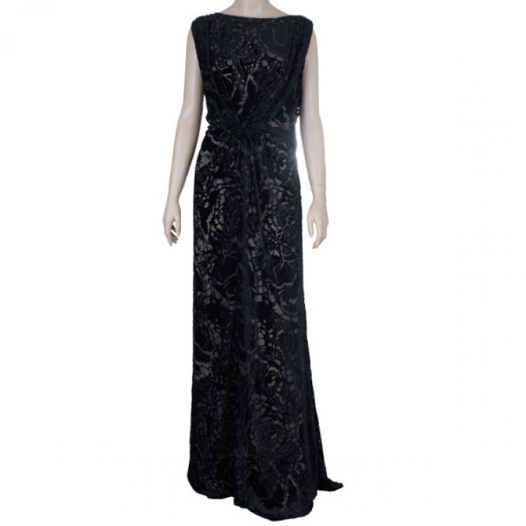 Pre Owned Tadashi Shoji Black Devore Gown M
