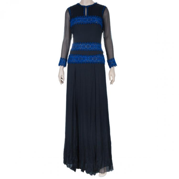 Pre Owned Tadashi Shoji Border Lace Chiffon Gown S