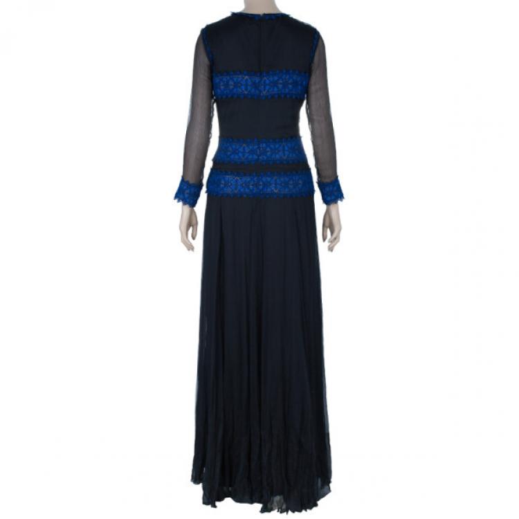 Pre Owned Tadashi Shoji Border Lace Chiffon Gown S