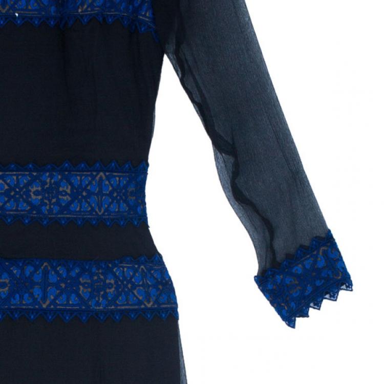 Pre Owned Tadashi Shoji Border Lace Chiffon Gown S