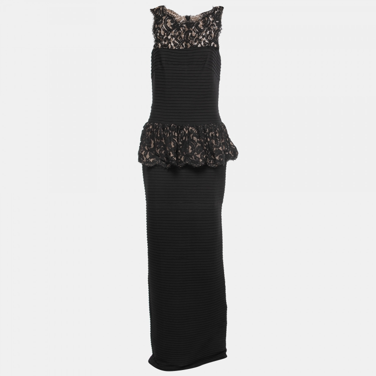 Tadashi Shoji Blackbeige Pintuck Lace Peplum Cocktail Gown M Tadashi Shoji The Luxury Closet 