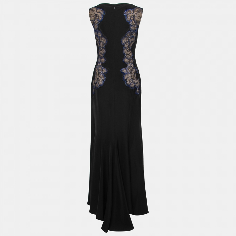 Pre Owned Tadashi Shoji Black Lace Applique Side Panel Detail Embellished Sleeveless Gown S