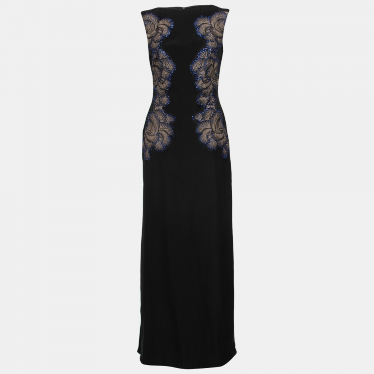 Pre Owned Tadashi Shoji Black Lace Applique Side Panel Detail Embellished Sleeveless Gown S
