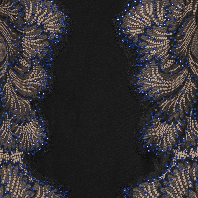 Pre Owned Tadashi Shoji Black Lace Applique Side Panel Detail Embellished Sleeveless Gown S