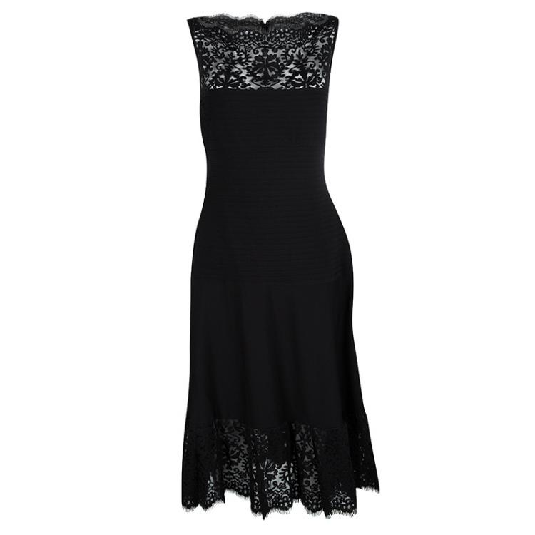 Pre Owned Tadashi Shoji Black Pintucked Jersey Lace Detail A-Line Dress XL