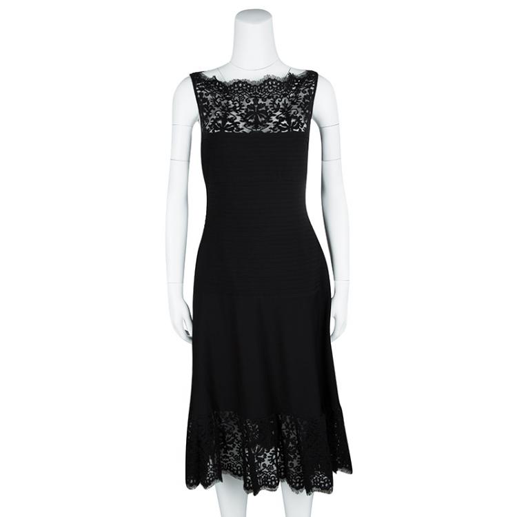 Pre Owned Tadashi Shoji Black Pintucked Jersey Lace Detail A-Line Dress XL