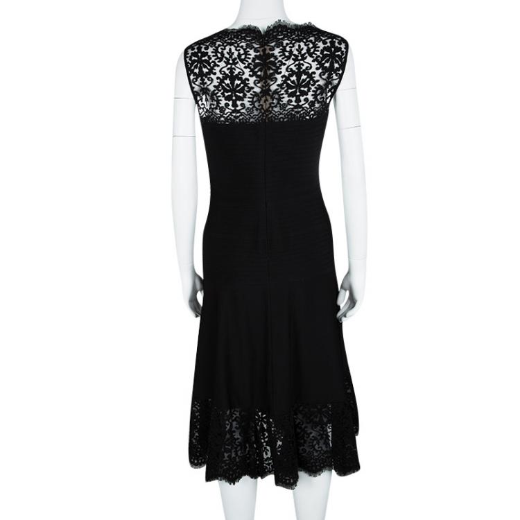 Pre Owned Tadashi Shoji Black Pintucked Jersey Lace Detail A-Line Dress XL