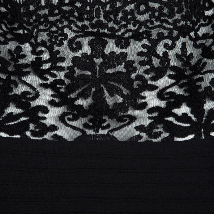 Pre Owned Tadashi Shoji Black Pintucked Jersey Lace Detail A-Line Dress XL