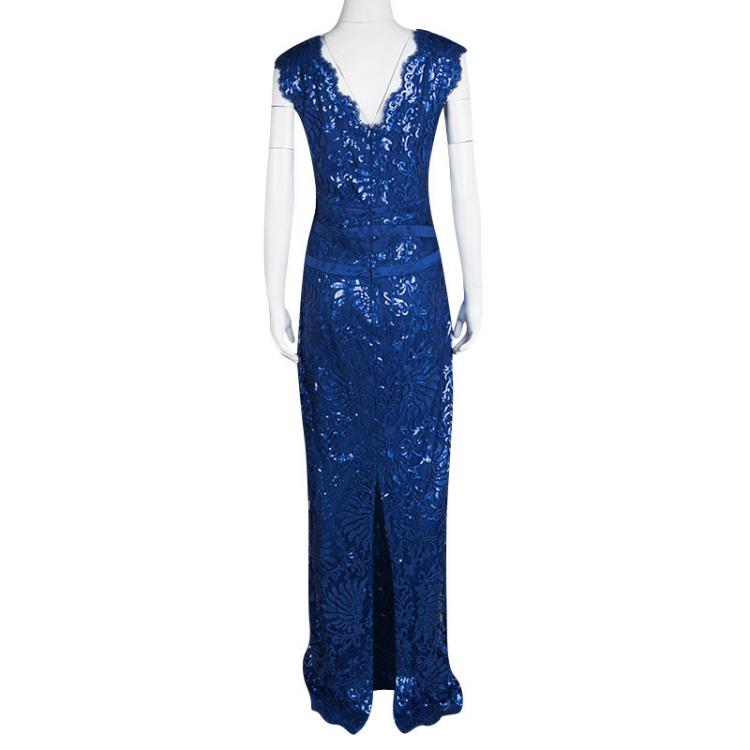 Pre Owned Tadashi Shoji Lapis Blue Sequin Embellished Ribbon Panel Detail Gown XL