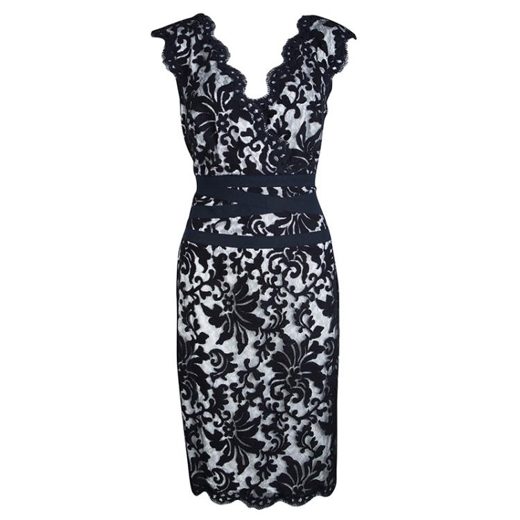 Pre Owned Tadashi Shoji Navy Blue Embroidered Lace Scalloped Edge Sleeveless Dress L