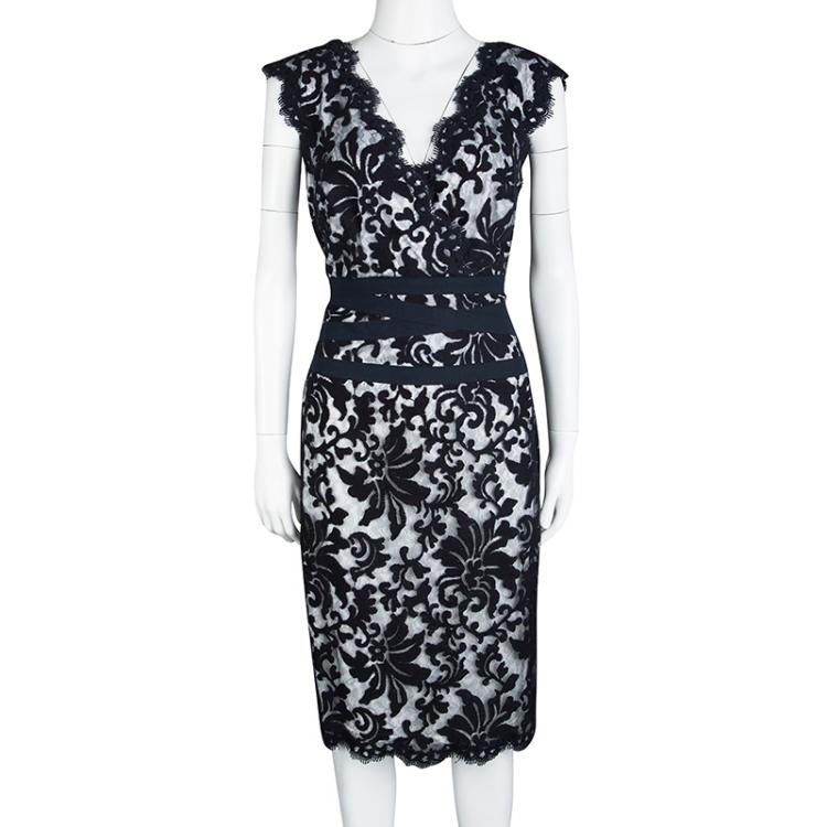 Pre Owned Tadashi Shoji Navy Blue Embroidered Lace Scalloped Edge Sleeveless Dress L