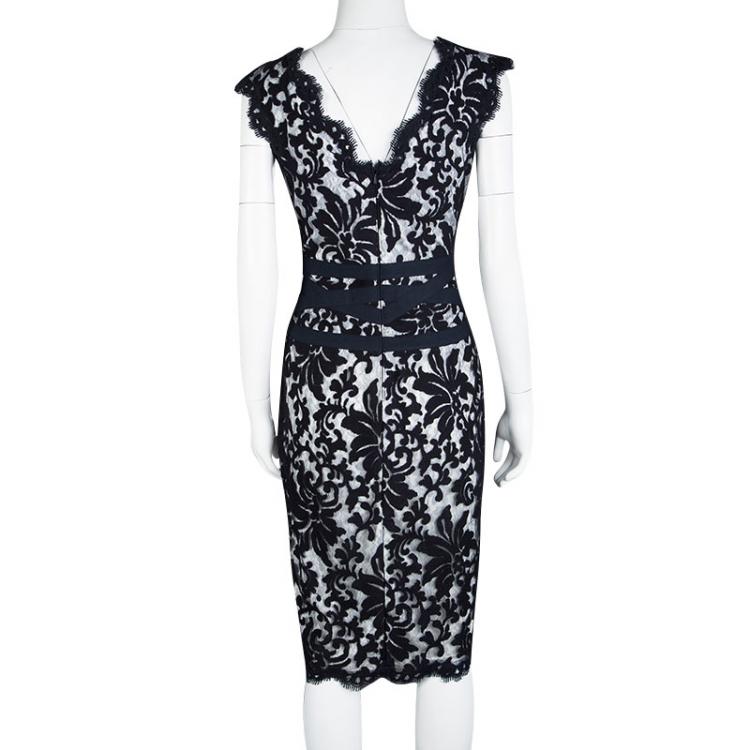 Pre Owned Tadashi Shoji Navy Blue Embroidered Lace Scalloped Edge Sleeveless Dress L