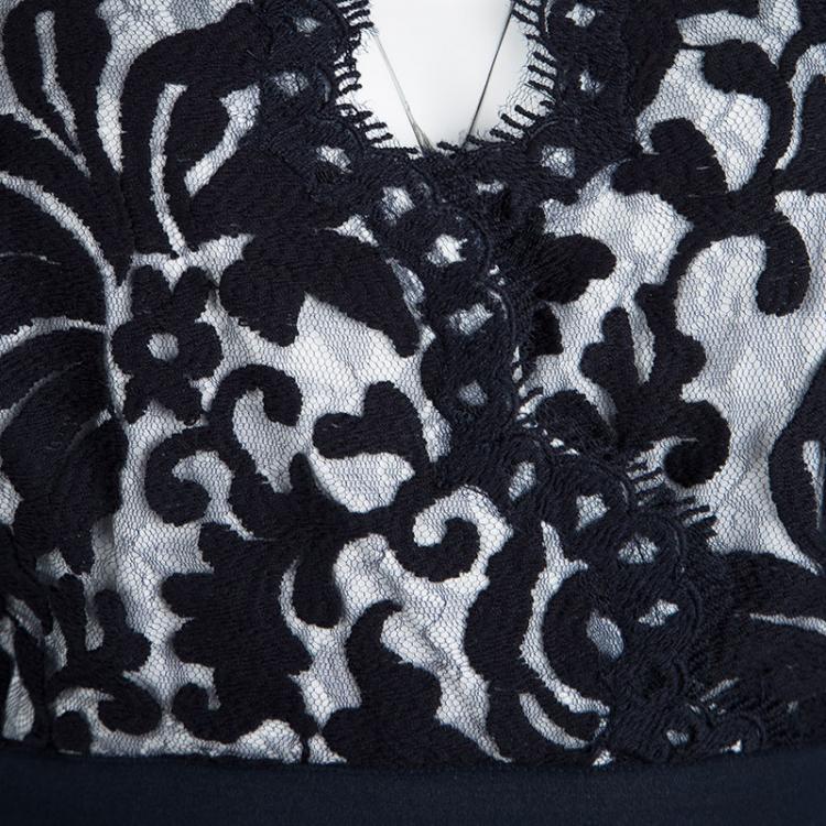 Pre Owned Tadashi Shoji Navy Blue Embroidered Lace Scalloped Edge Sleeveless Dress L