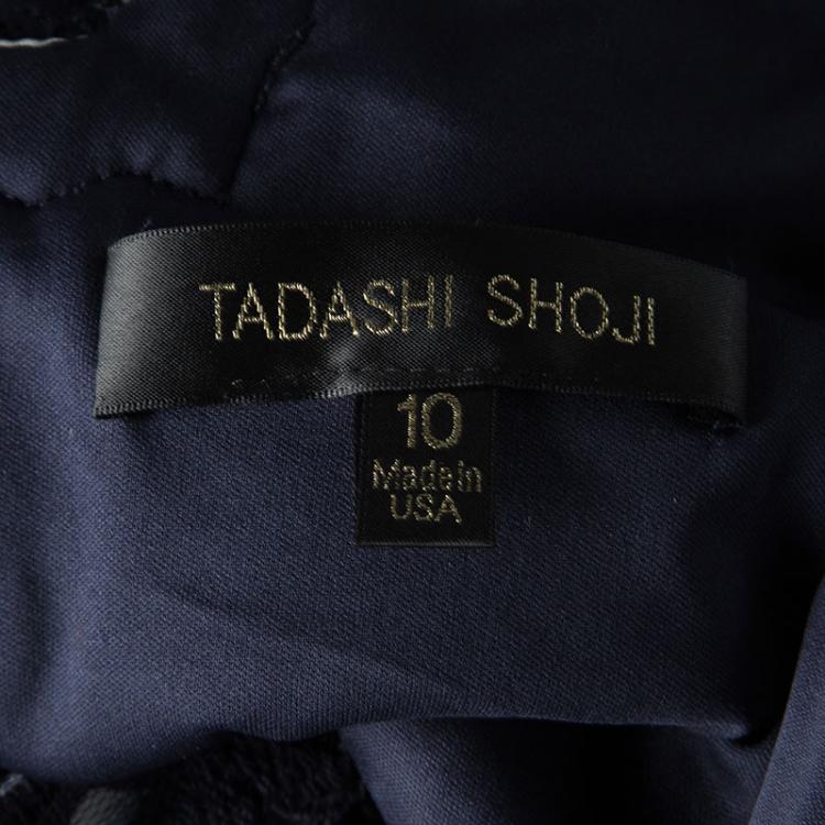 Pre Owned Tadashi Shoji Navy Blue Embroidered Lace Scalloped Edge Sleeveless Dress L