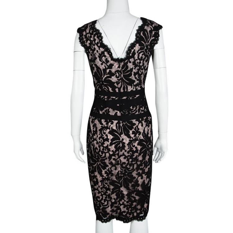Pre Owned Tadashi Shoji Black And Blush Pink Embroidered Lace Sleeveless Dress M