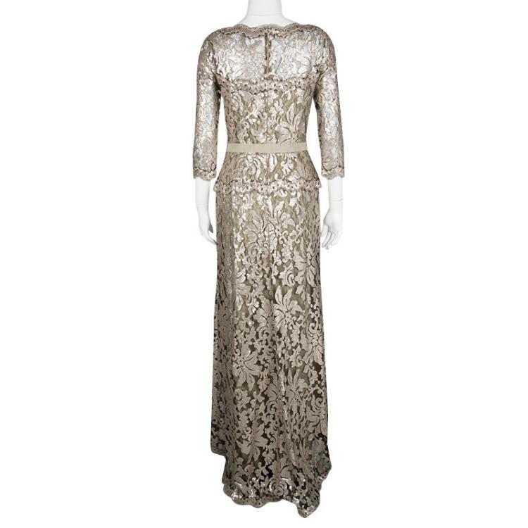 Pre Owned Tadashi Shoji Pink and Black Lace Sequined Long Sleeve Boat Neck Gown S