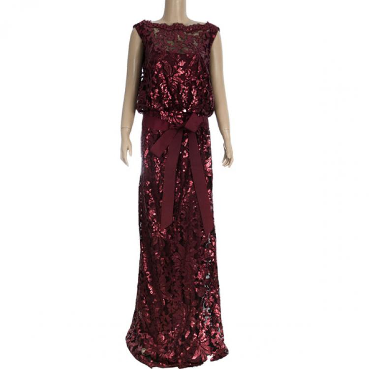 Pre Owned Tadashi Shoji Lace Sequin Gown L