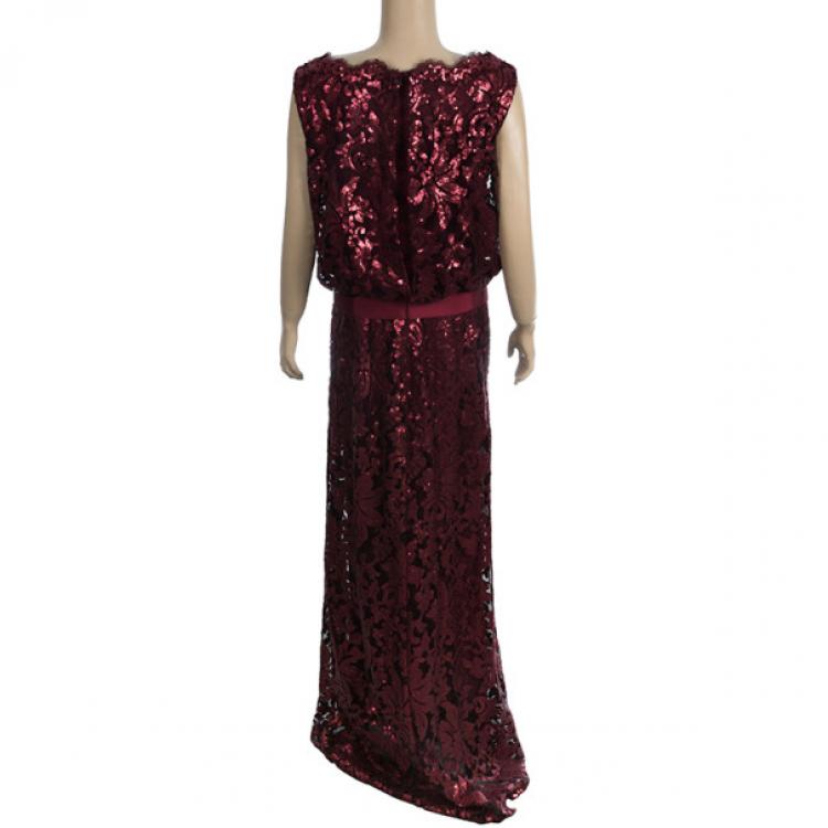 Pre Owned Tadashi Shoji Lace Sequin Gown L