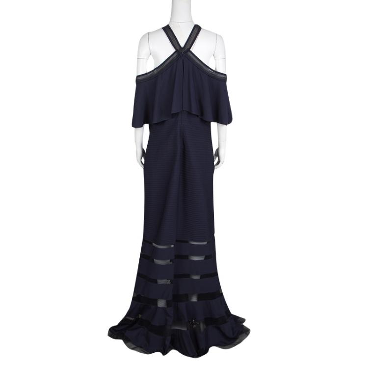 مملوكة مسبقًا Tadashi Shoji Navy Blue Crystal Pintuck Jersey Cold Shoulder Halter Gown XL