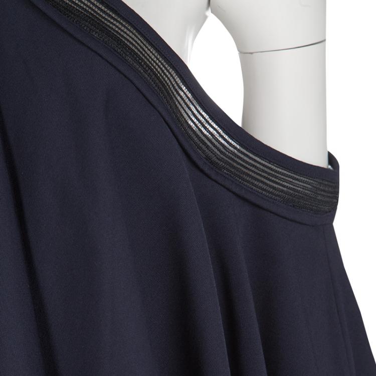مملوكة مسبقًا Tadashi Shoji Navy Blue Crystal Pintuck Jersey Cold Shoulder Halter Gown XL