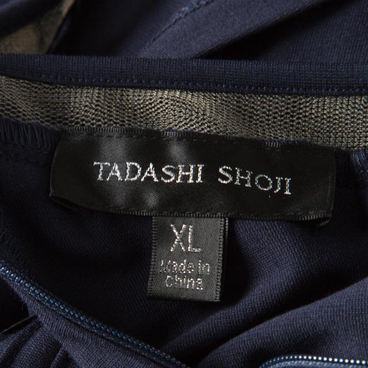 مملوكة مسبقًا Tadashi Shoji Navy Blue Crystal Pintuck Jersey Cold Shoulder Halter Gown XL