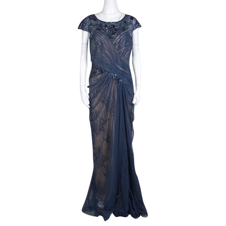 Pre Owned Tadashi Shoji Blue Embellished Lace Detail Cap Sleeve Asymmetric Gown L